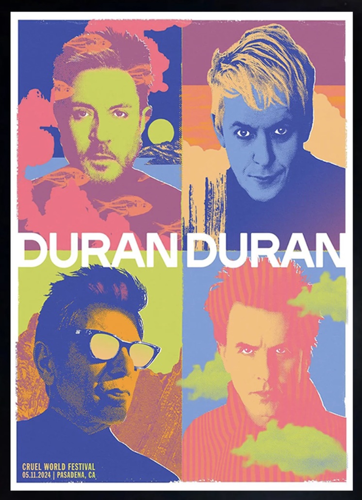 Matthew Lineham holding the poster he designed for Duran Duran's Cruel World festival concert