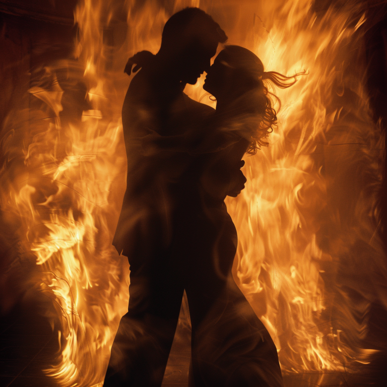 Dance into the fire. These fatal kisses are all you need. Duran Duran themed recipe. Couple dancing with fire all around them