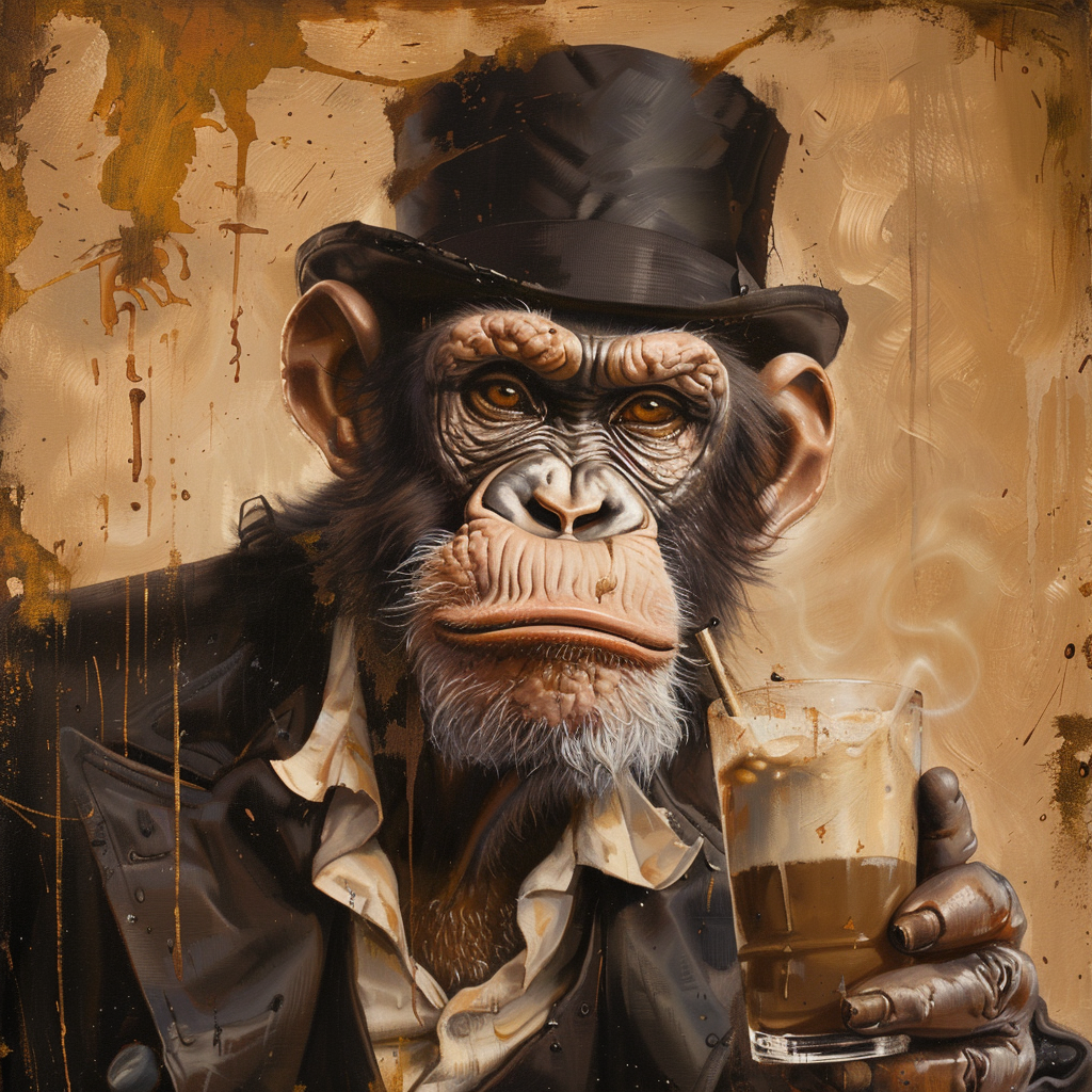 Flaky Bandit from Duran Duran's Notorious. Monkey holding cocktail, don't monkey with his business.