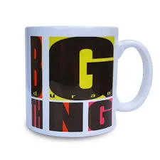 white coffee mug with Big Thing Duran Duran block lettering