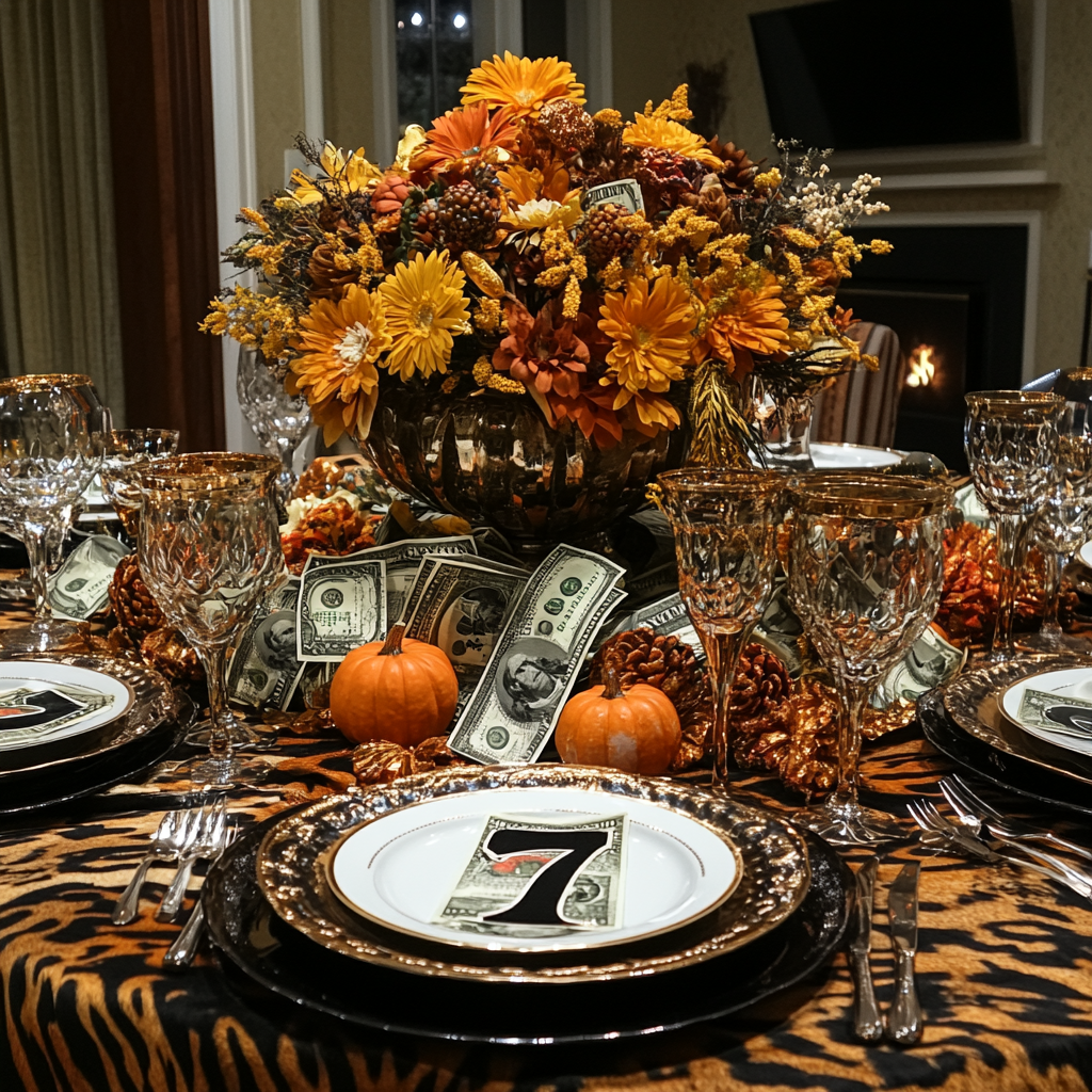 Duran Duranies celebrate Durangiving, Thanksgiving for Duran Duran fans that raises money for your favorite charitable organizations. Photo is a fall centerpiece with napkins with the number 7 to signify Seven and the Ragged Tiger